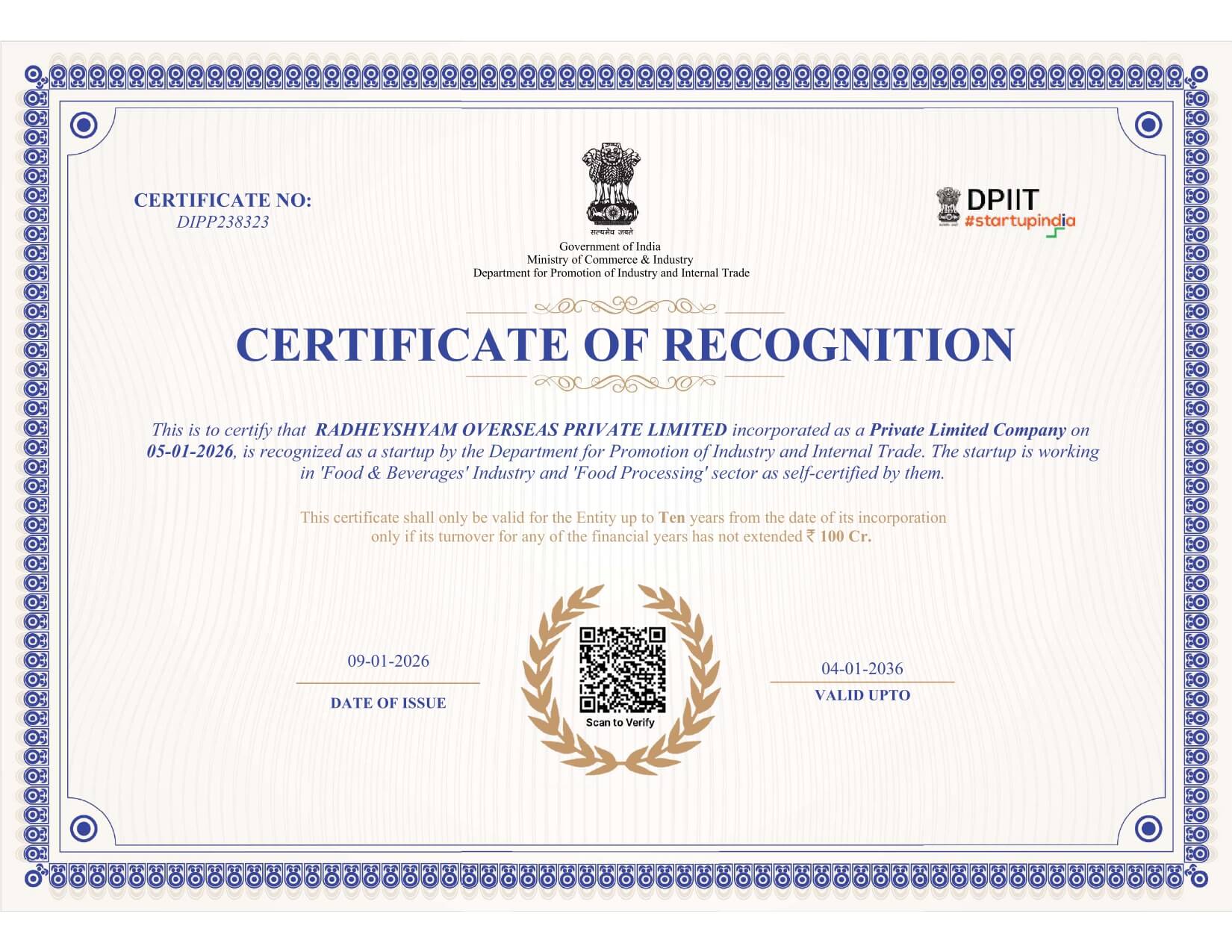 DPIIT Certificate of Recognition